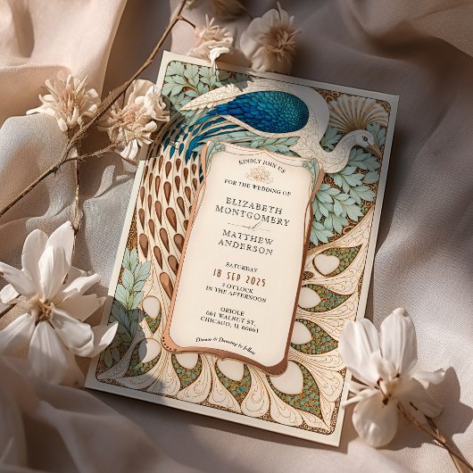 Elegante Art Nouveau Peacock Bruiloft Kaart
