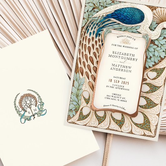Elegante Art Nouveau Peacock Bruiloft Kaart