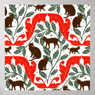 Elegante Art Nouveau Rood Bruin-Zwart Kat- Poster