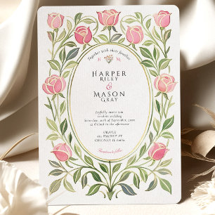 Elegante Art Nouveau Roze Roos Bloemige Bruiloft Kaart