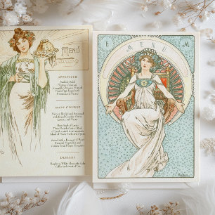 Elegante Art Nouveau Trouwdiner Menu Mucha Kaart