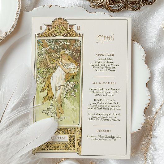 Elegante Art Nouveau Trouwdiner Menu Mucha Kaart