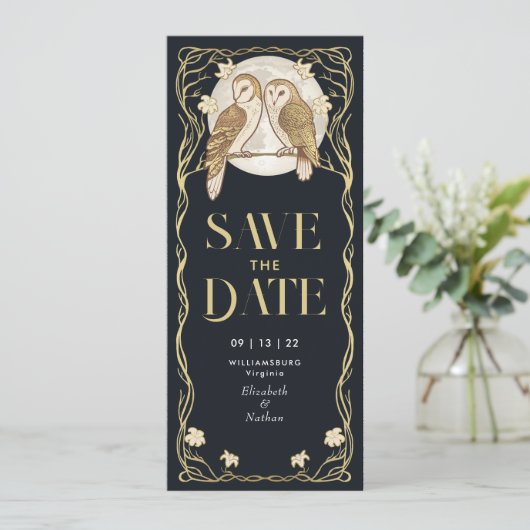 Elegante Art Nouveau Uilen Bewaar de Datum Kaart (Staand voorkant)