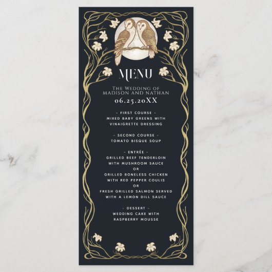 Elegante Art Nouveau Uilen Bruiloft Menu (Voorkant)