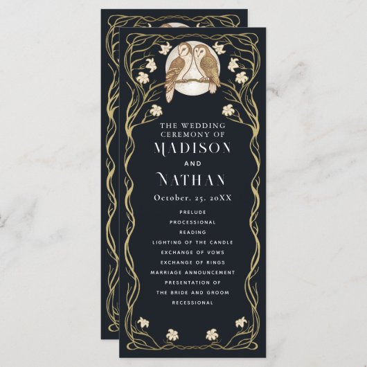 Elegante Art Nouveau Uilen Bruiloft Programma (Voorkant / Achterkant)