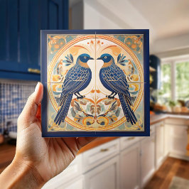 Elegante Art Nouveau Vogels Pat#22 Blauwe Perzik I Tegeltje