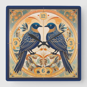 Elegante Art Nouveau Vogels Pat#22 Blauwe Perzik I Vierkante Klok