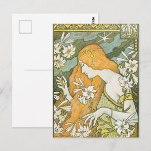 Elegante Art Nouveau vrouw witte lelie illustratie Briefkaart