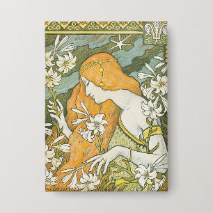 Elegante Art Nouveau-vrouw Witte Lelie-illustratie Button