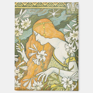 Elegante Art Nouveau Vrouw Witte Lelie Illustratie Magneet