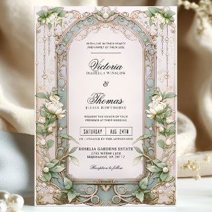 Elegante  Art Nouveau Witte Bloemen Huwelijk Kaart