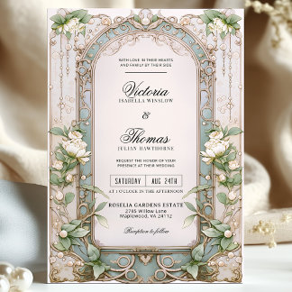 Elegante  Art Nouveau Witte Bloemen Huwelijk Kaart