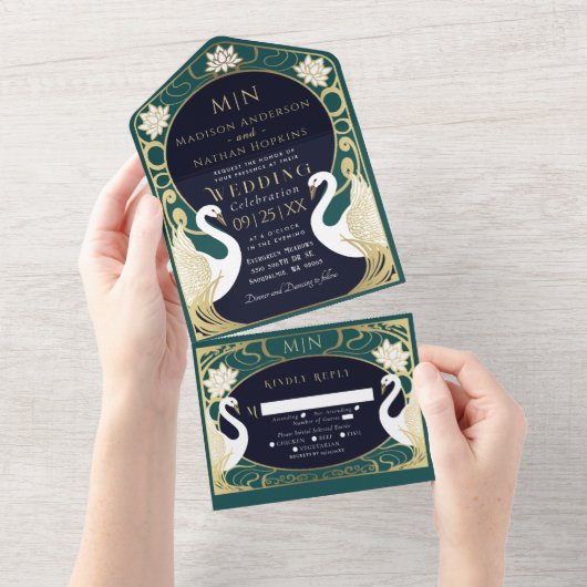Elegante Art Nouveau zwanen bruiloft All In One Uitnodiging (Afscheurbaar)