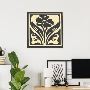 Elegante Art Nouveau Zwart Beige Bloem Poster