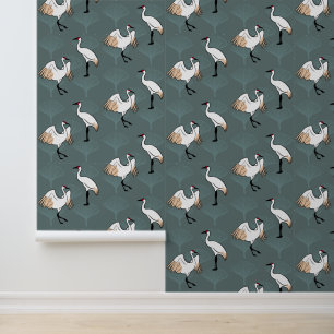 Elegante Aziatische kraanvogels & Gingko bladeren Behang