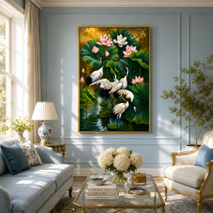 Elegante Aziatische Lotus & Kraan Goud Olie Schild Perfect Poster