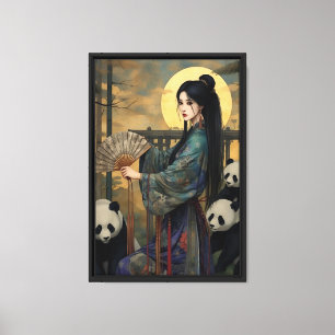Elegante Aziatische vrouw met panda's - Moonlight Canvas Afdruk