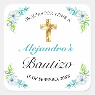 Elegante Azul Floral Oro Cruz Bautismo Gracias Vierkante Sticker