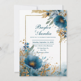 Elegante Azure Blooms & Gold Lijst bruiloft Kaart