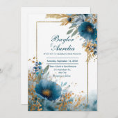 Elegante Azure Blooms & Gold Lijst bruiloft Kaart (Voorkant / Achterkant)