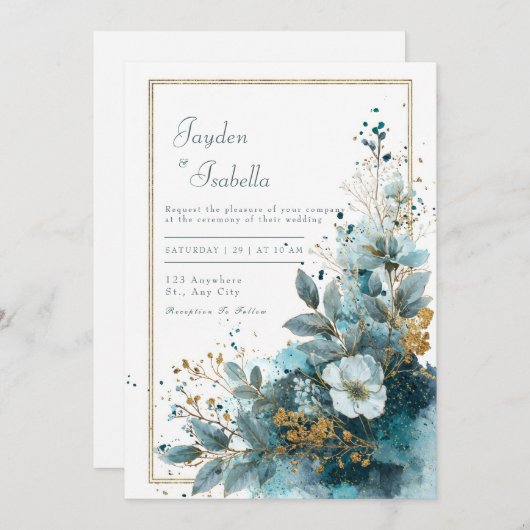 Elegante Azure Blooms Waterverf bruiloft Kaart (Voorkant / Achterkant)