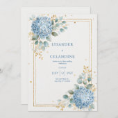Elegante Azure Hydrangea Gold Lijst bruiloft Kaart (Voorkant / Achterkant)