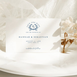 Elegante Azuurblauwe Monogram Wapen Huwelijk Save The Date