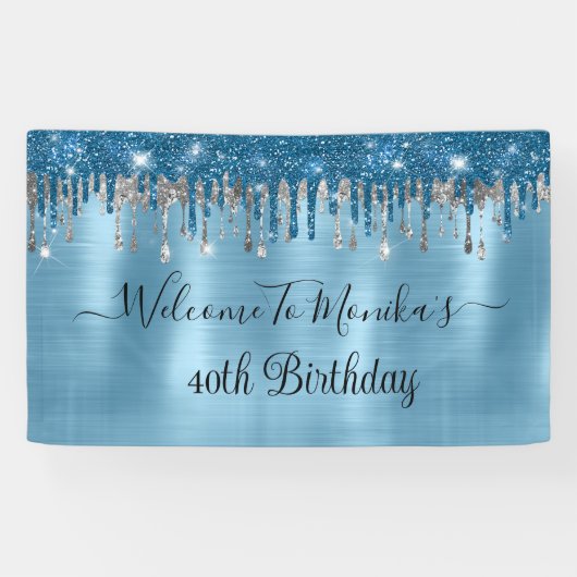 Elegante Baby Blue Sparkle Glitter Drips Verjaarda Spandoek (Horizontaal)