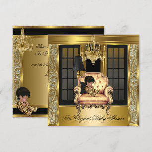 Elegante baby shower damasten kroonluchter gouden kaart