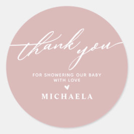 Elegante baby shower handgeschreven script bedankj ronde sticker