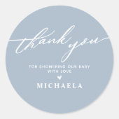 Elegante baby shower handgeschreven script bedankj ronde sticker (Voorkant)
