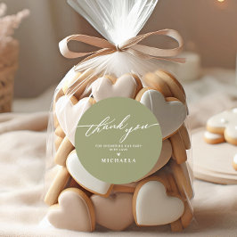 Elegante baby shower handgeschreven script bedankj ronde sticker