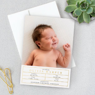 Elegante baby statistieken foto geboorteaankondigi folie uitnodiging