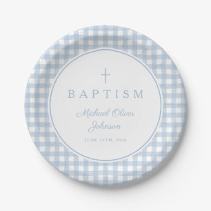 Elegante babyblauwe geruite jongensdoop papieren bordje