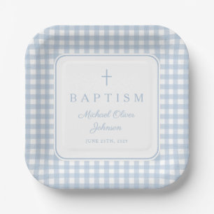 Elegante babyblauwe geruite jongensdoop papieren bordje
