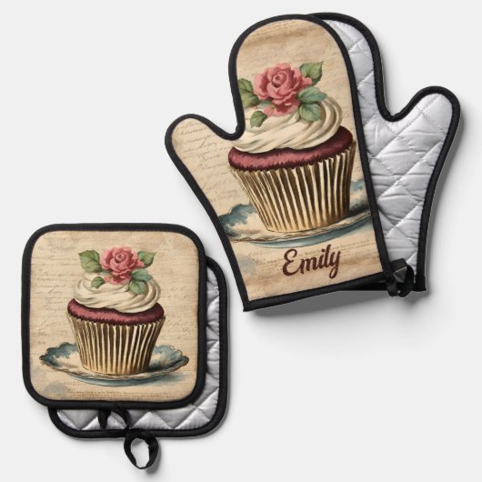 Elegante bakkerij gebak chef-kok cupcake bakker ba ovenwant & pannenlap set (Voorkant / Achterkant)