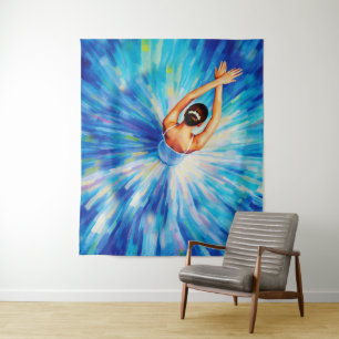 Elegante Ballerina in Kosmische Blauwe Vortex Pop Wandkleed