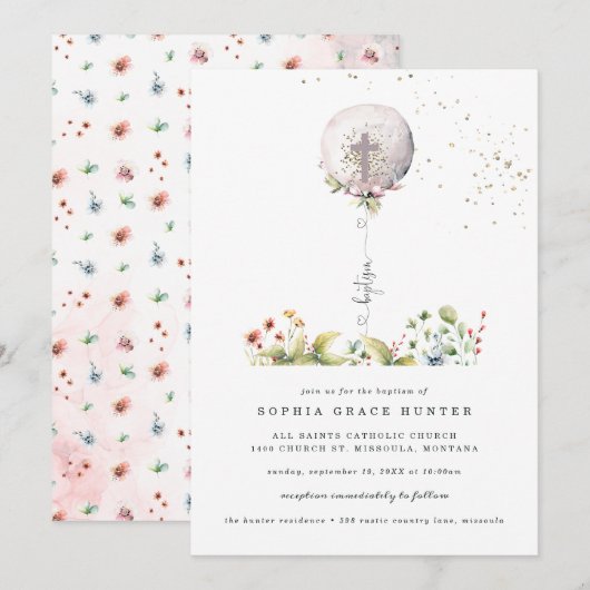 Elegante ballon Floral Baptism uitnodiging (Voorkant / Achterkant)