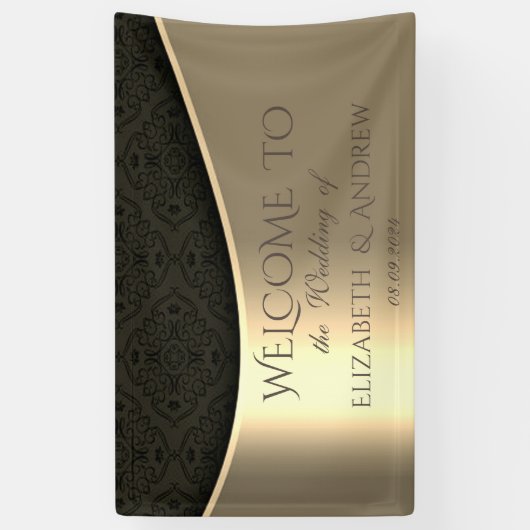Élégante bannière de Mariage en or noir Damask (Vertical)