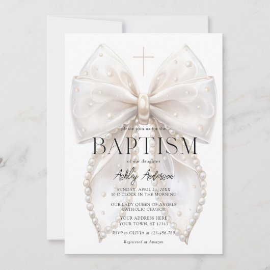 Élégante Baptême de la Bow blanche Invitation de f (Devant)