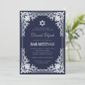 Elegante bar Mitzvah Navy Blue Silver Grey  Kaart (Staand voorkant)