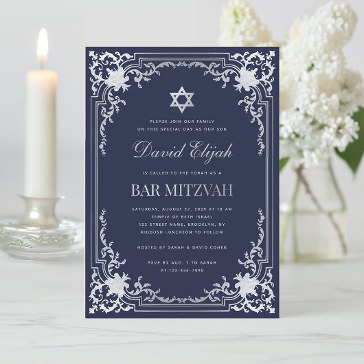 Elegante bar Mitzvah Navy Blue Silver Grey  Kaart
