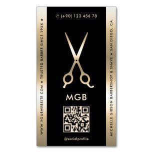 Elegante Barber Barbershop Zwart Gouden Schaar Magnetisch Visitekaartje