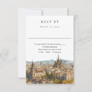 Elegante Barcelona Silhouette Watercolor Bruiloft RSVP Kaartje