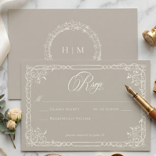 Elegante Barok Antieke Neutrale Taan Ivoor Trouw RSVP Kaartje
