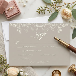 Elegante Barok Antieke Neutrale Tane Ivoor Trouw RSVP Kaartje