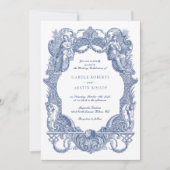 Elegante  Barok Blauw Toile Lijst bruiloft Kaart (Voorkant)