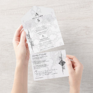 Elegante Barok Zwart Wit Bloemen Formele bruiloft All In One Uitnodiging