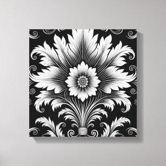 Elegante Barokke Bloemen Patroon-Zwart & Wit decor Canvas Afdruk