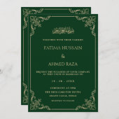 Elegante barokke lijst goud groene moslim bruiloft kaart (Voorkant / Achterkant)